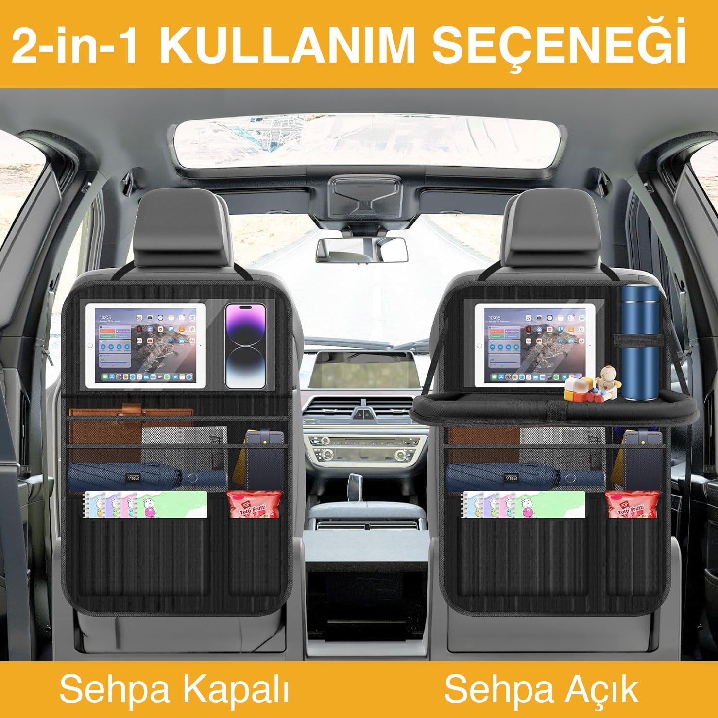 Haegs Araç Koltuk Arkası Düzenleyici, Araç içi Organizer Düzenleyici, Katlanır Sehpalı, Çocuk Tekmeleri için çok Fonksiyonlu Araba Koltuğu Sırt Koruyucu Paspas Mat, Tablet Bölmeli ve Çok Sayıda Cepli, Siyah