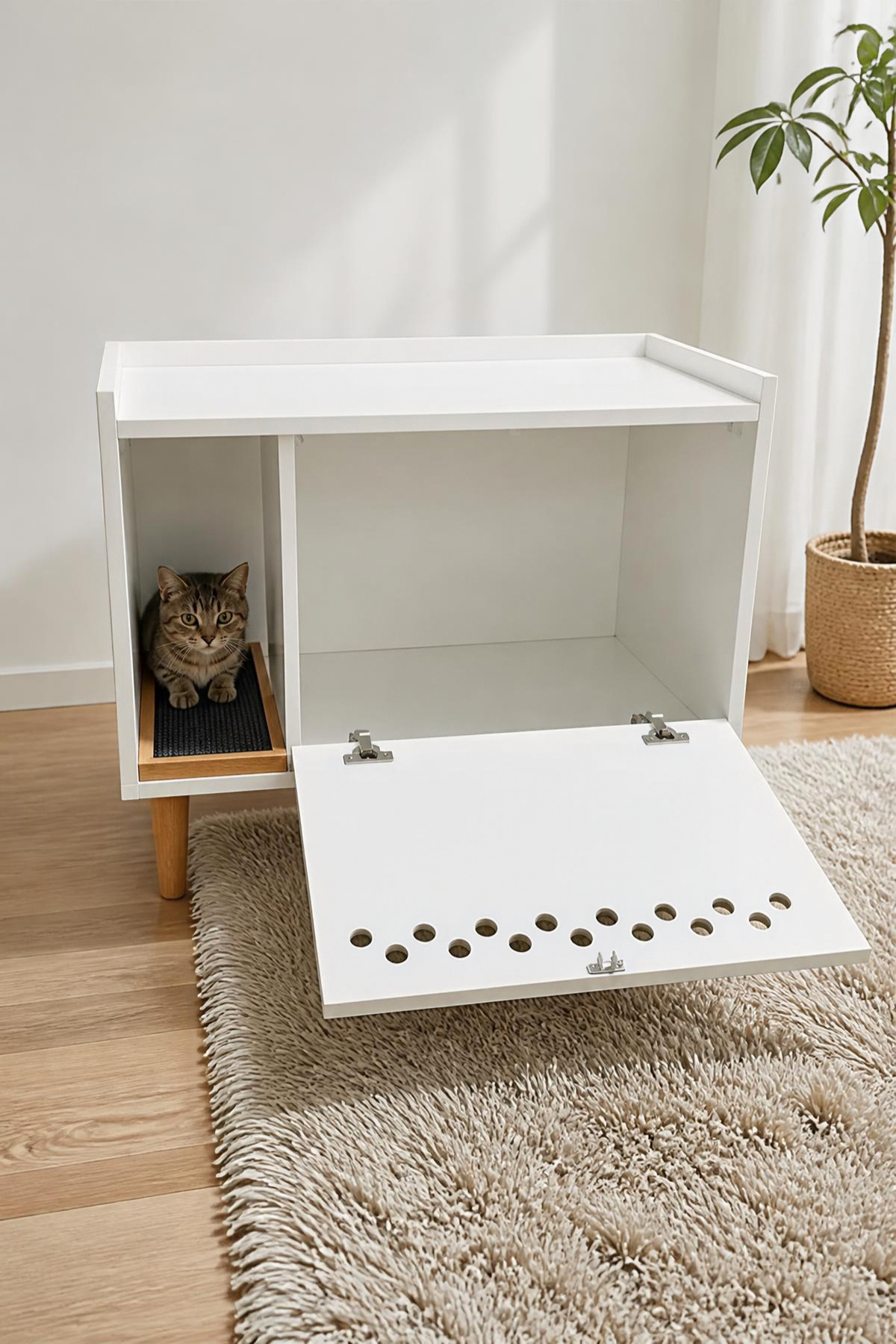 Reyo Pet Kapalı Kedi Tuvaleti Dolabı Delikli Beyaz – MDF, Ayaklı ve Modern Tasarım