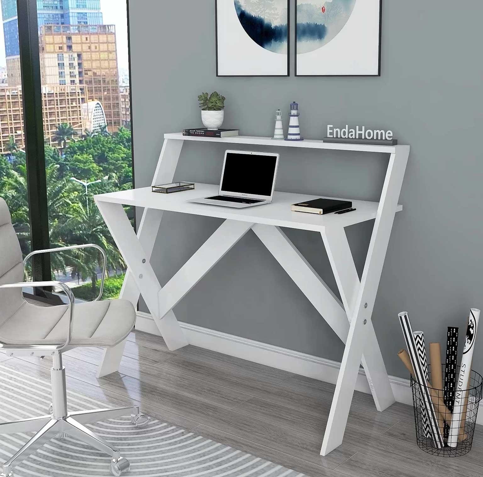 Enda Home X Ayaklı Raflı Ders Çalışma Masası 50x90 cm Beyaz