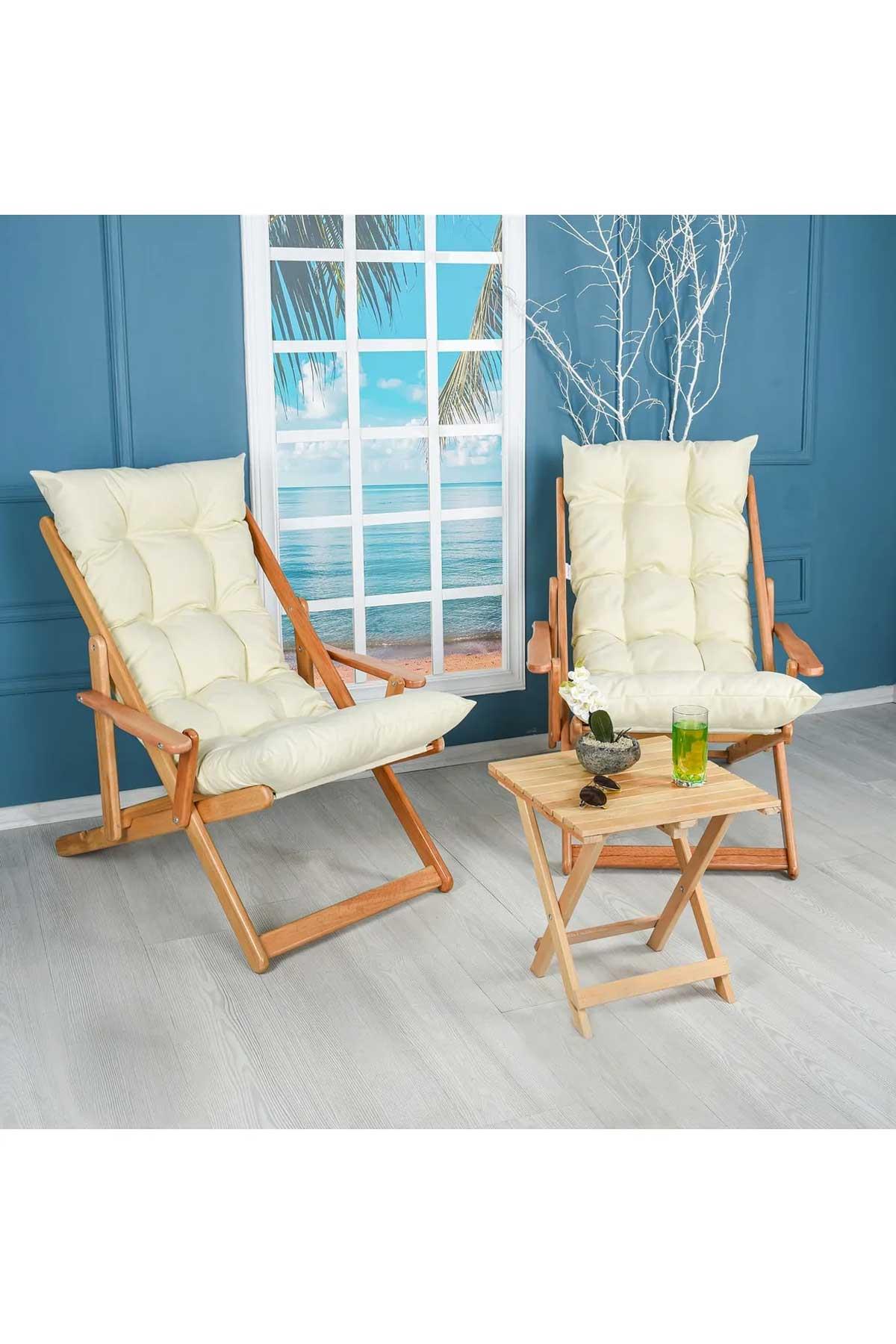 Bysay Ahşap Katlanabilir Taşınır Puf Minderli Kollu Kademeli Şezlong Plaj, Bahçe Şezlong 3lü Set Krem