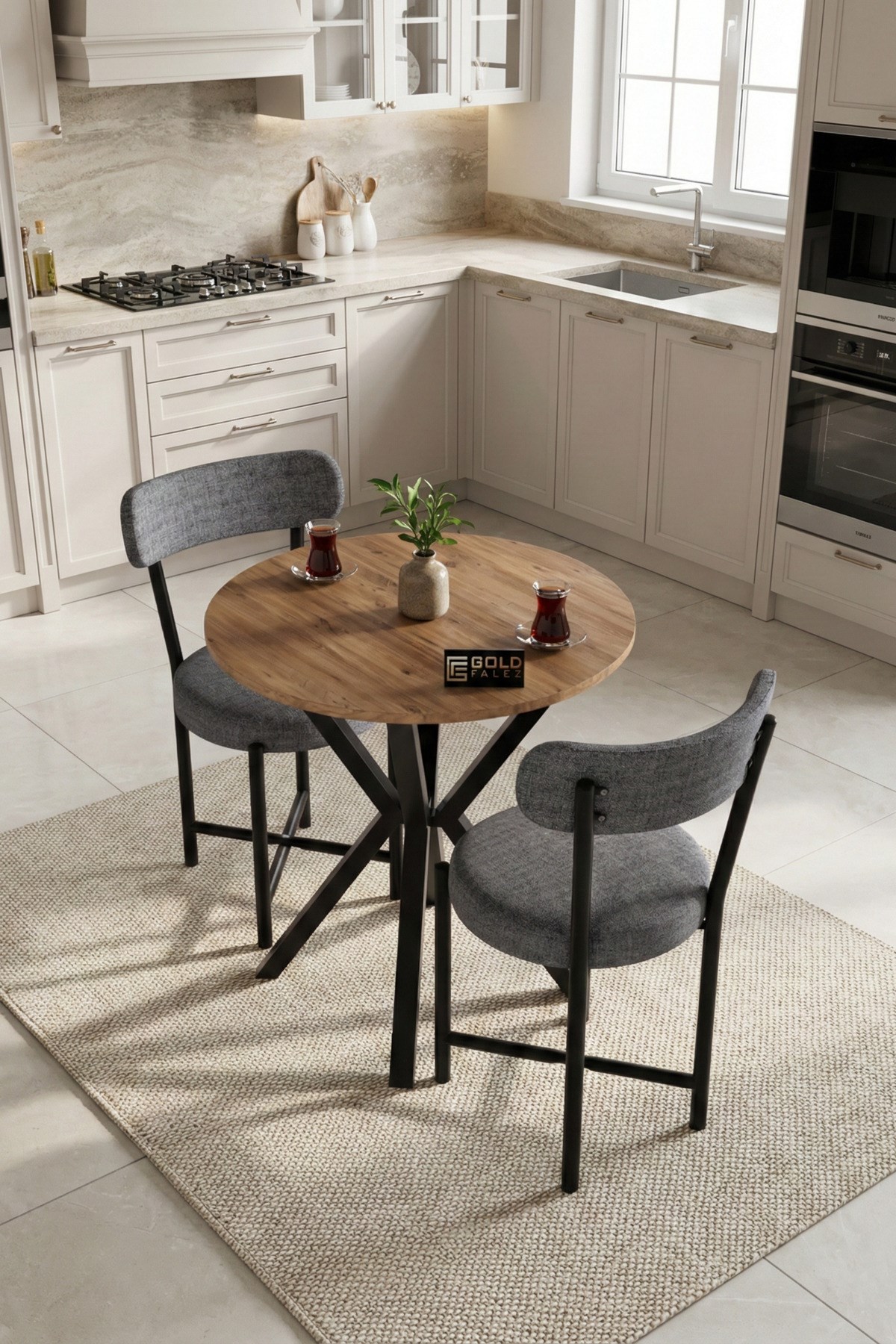 Reyo Falez Teddy 70 cm Yuvarlak Mutfak Masa Takımı 2 Sandalyeli Modern Bahçe Balkon Kafe Seti Atlantik Çam-Gri 9840