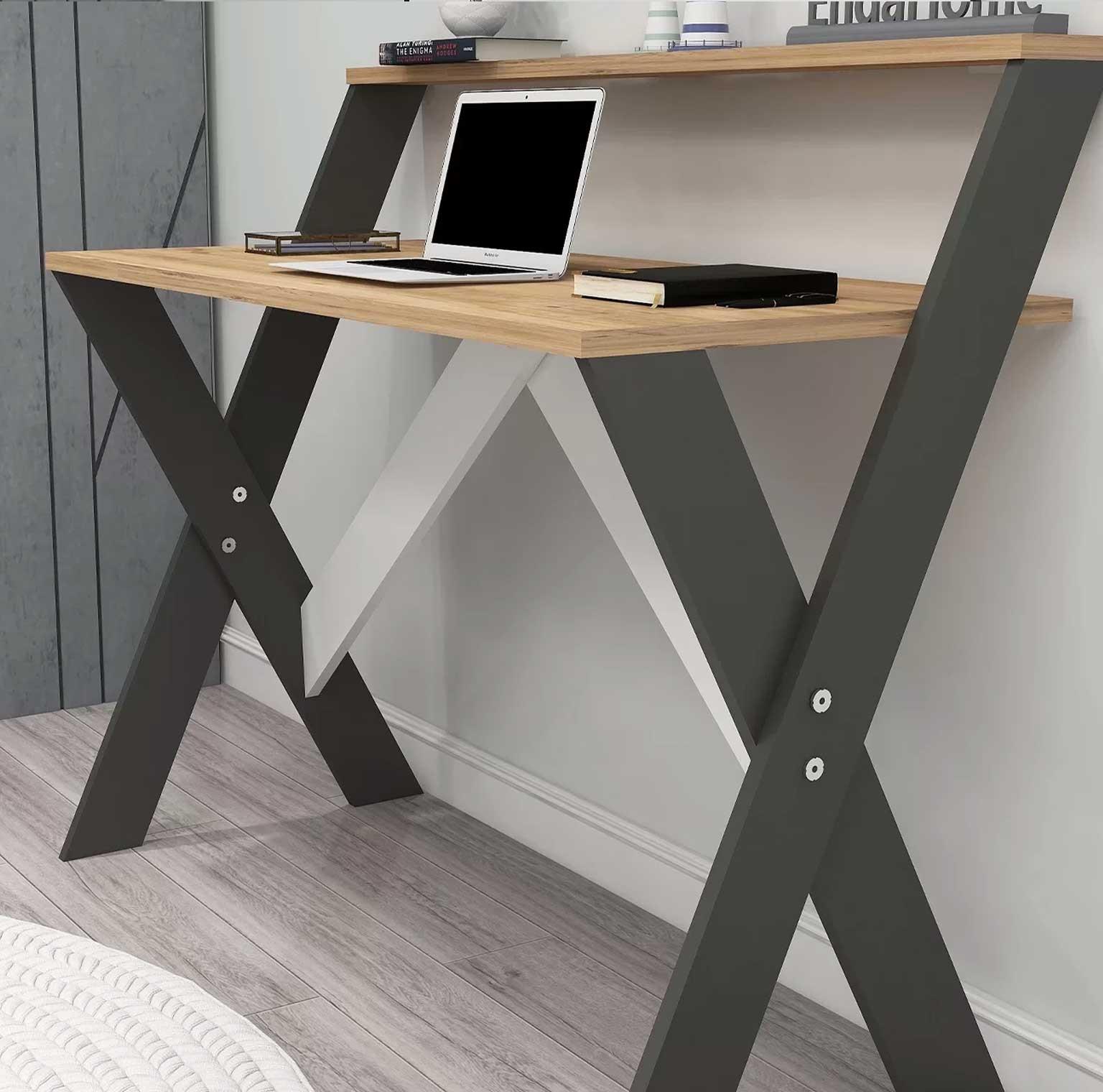 Enda Home X Ayaklı Raflı Ders Çalışma Masası 50x90 cm Antrasit - Çam
