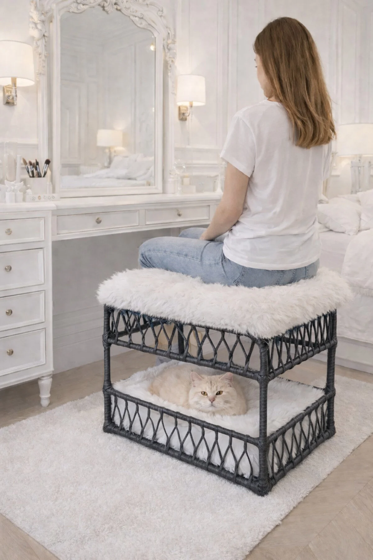 Tasaryum Peluş Yuvarlak Puf - 2'si 1 Arada Makyaj Taburesi ve Konforlu Kedi Yatağı, Kedi Ranzası - Füme