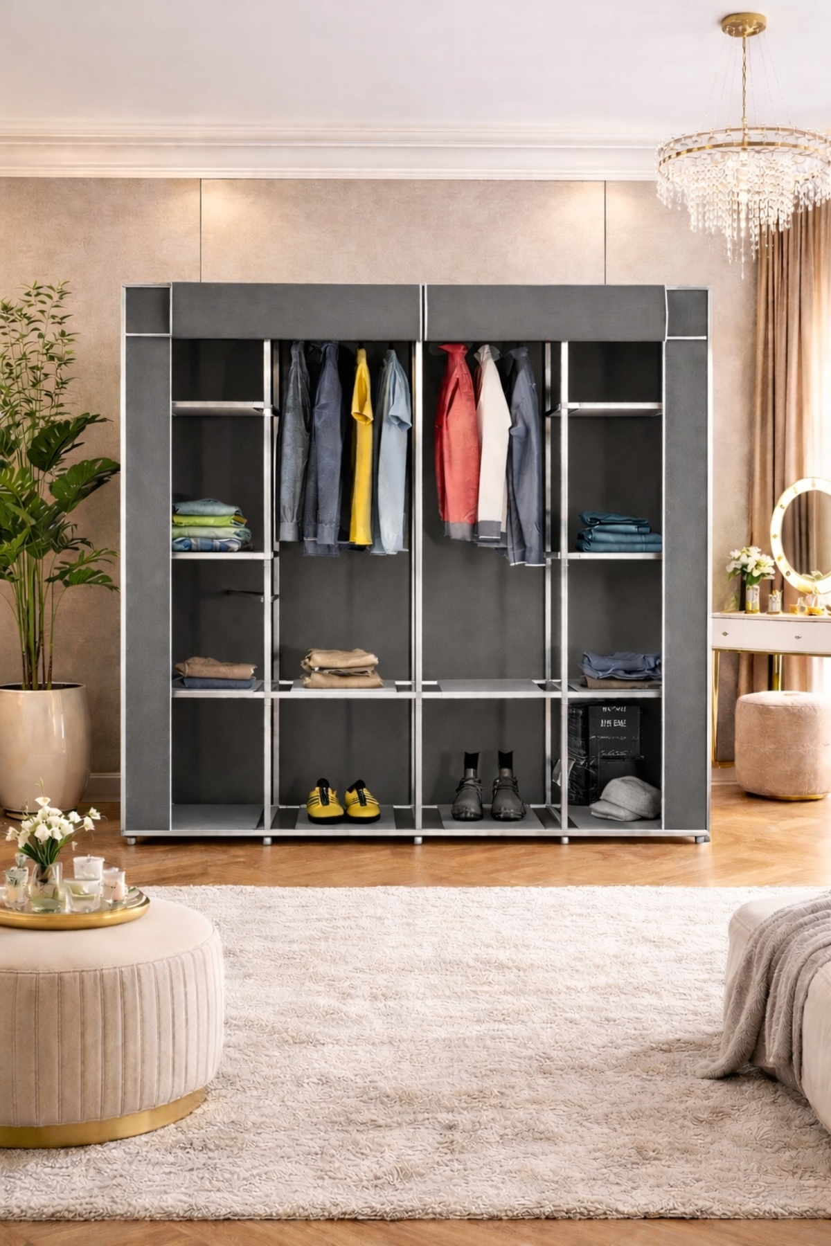 Reyo Teknor Metal Çift Askılı Bez Dolap Gri 150x160x40 cm – Geniş Hacimli Portatif Gardırop, Raflı Kumaş Dolap, Fermuarlı Elbise Düzenleyici