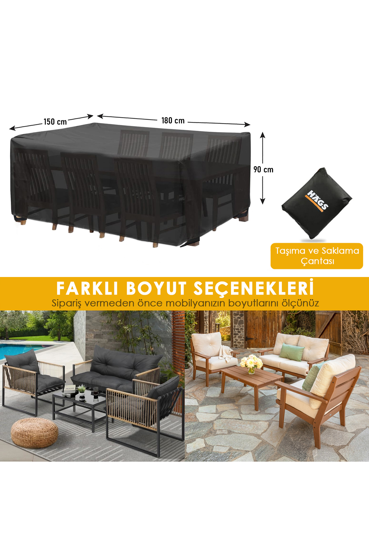 Haegs Bahçe Mobilyası Örtüsü, 180-150-90cm, Ağır Hizmet Oxford Kumaş, Su Geçirmez, Dış Mekan Veranda Masa Örtüsü, Havalandırmalı Masa ve Sandalye Koruma Kılıfı Gri