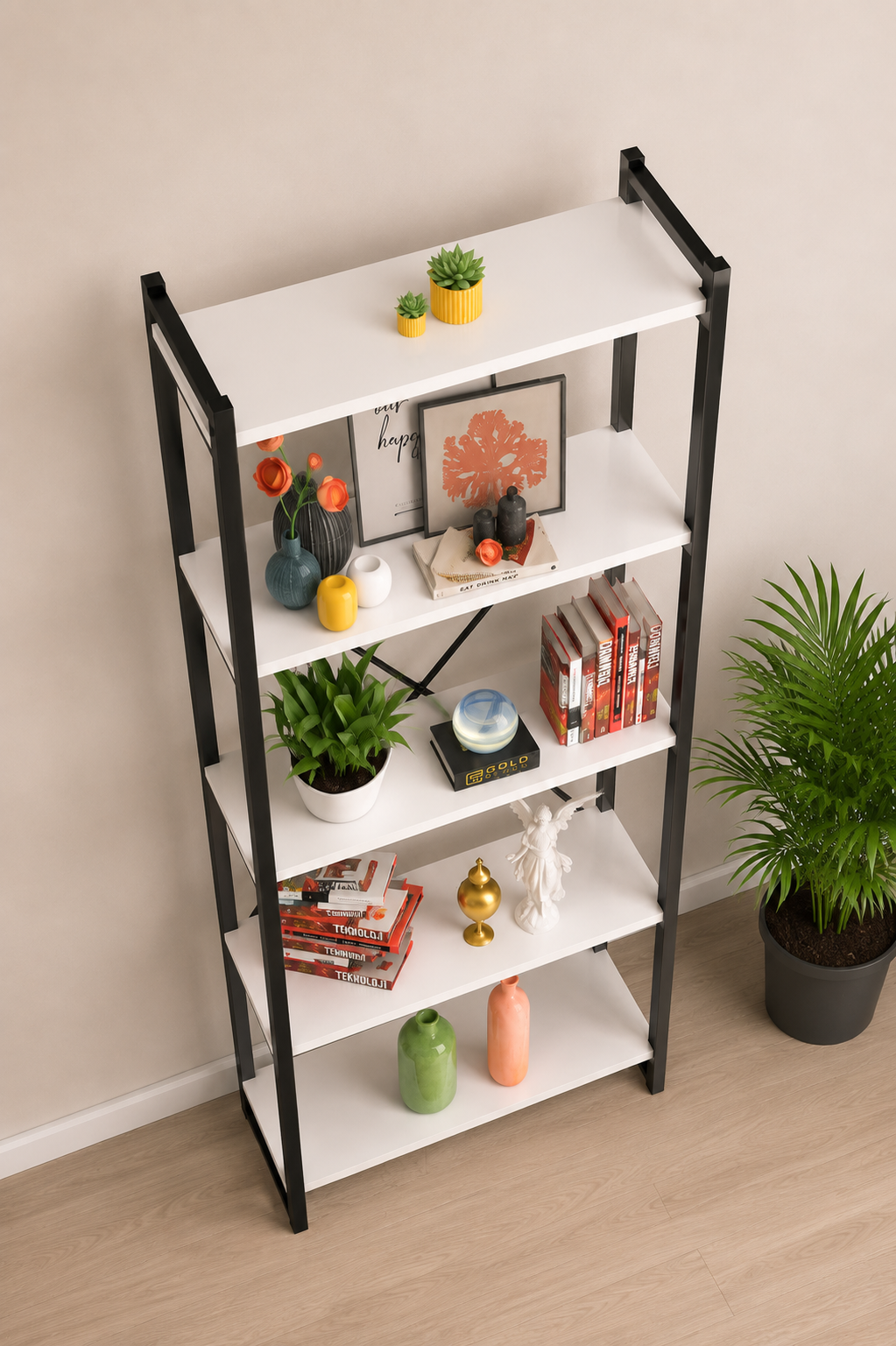 Reyo Falez Dekoratif 5 Raflı Kitaplık Geniş Metal Kitaplık Dosya Rafı Ofis Salon Raf 180x66 Beyaz