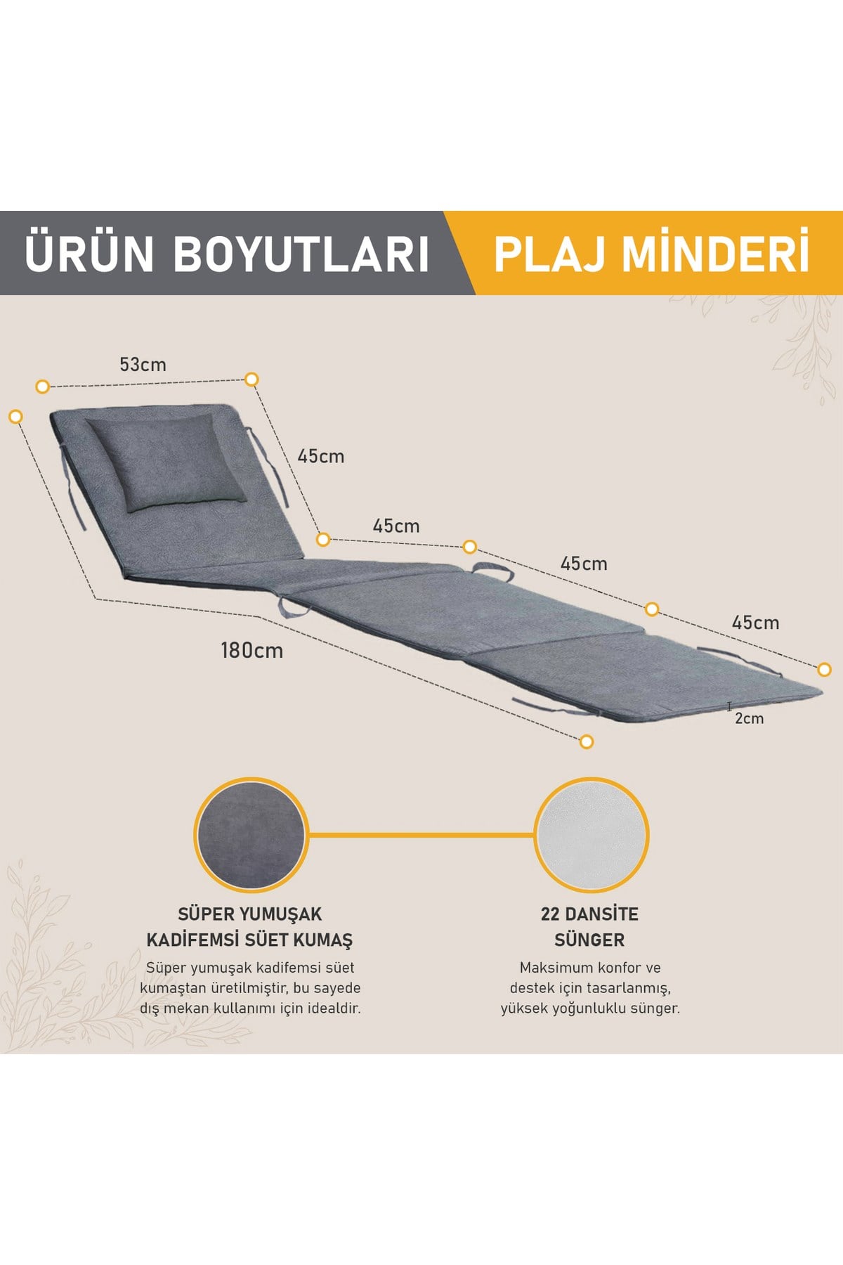 Haegs Plaj Minderi, Plaj Çantası Tasarımlı, Katlanır Plaj Matı, Yastıklı, Plaj Şezlong Minderleri, 22 Dens 180x53x2cm - Gri