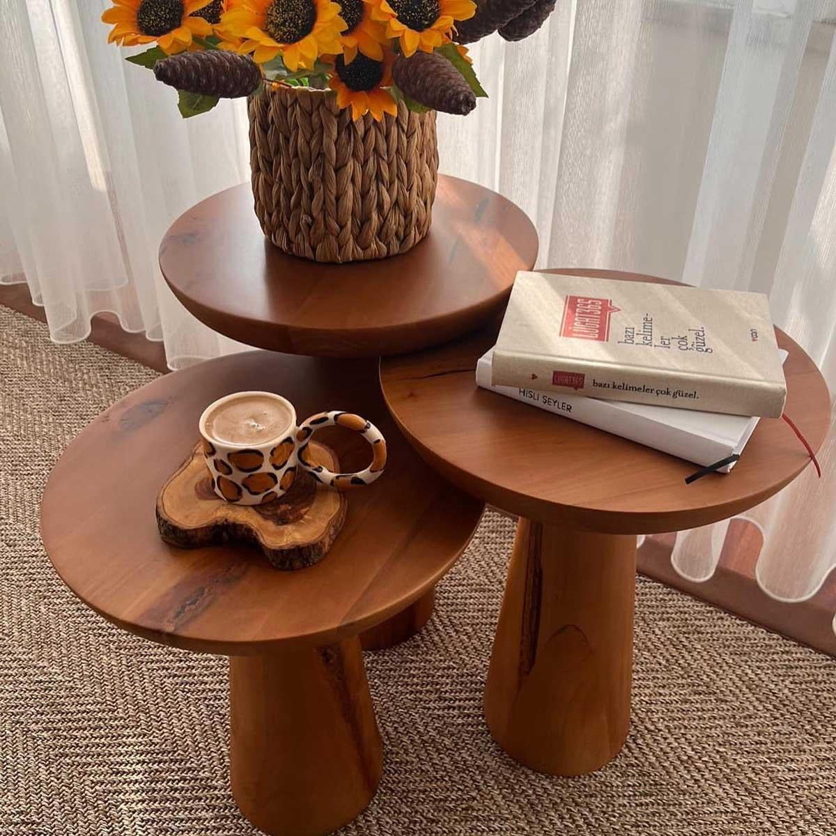 Reyo 3'lü Mushroom Zigon Sehpa Açık Ceviz Rengi Ahşap Mantar Sehpa