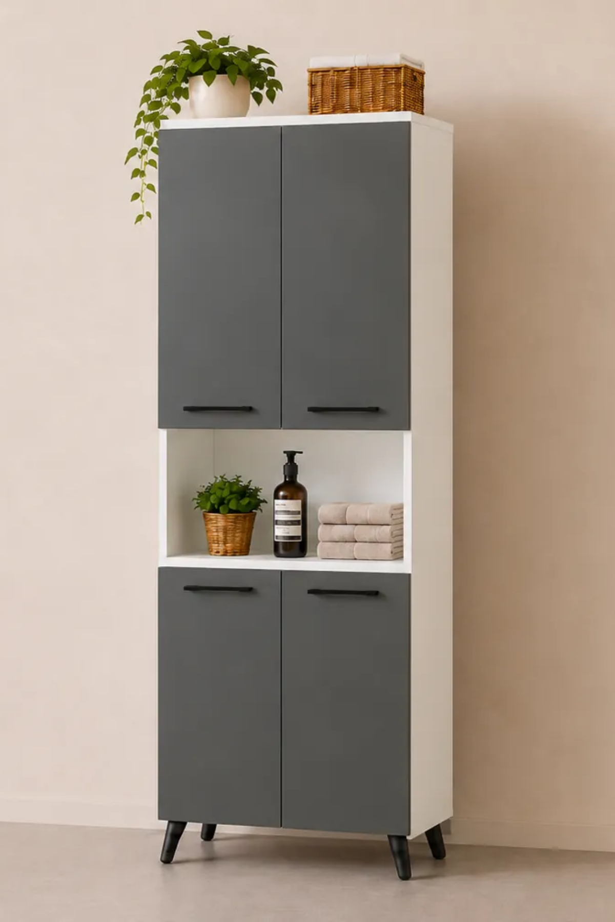 Enda Home Listra 4 Kapaklı Çok Amaçlı Dolap 170,8 cm,  Raflı, Ayaklı Depolama Dolabı Antrasit - Beyaz