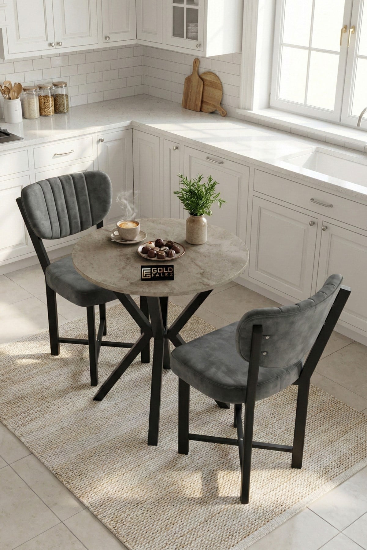 Reyo Falez Elma 70 cm Yuvarlak Masa Takımı 2 Sandalyeli Modern Mutfak Balkon Yemek Masası Seti Traverten - Antrasit 9847
