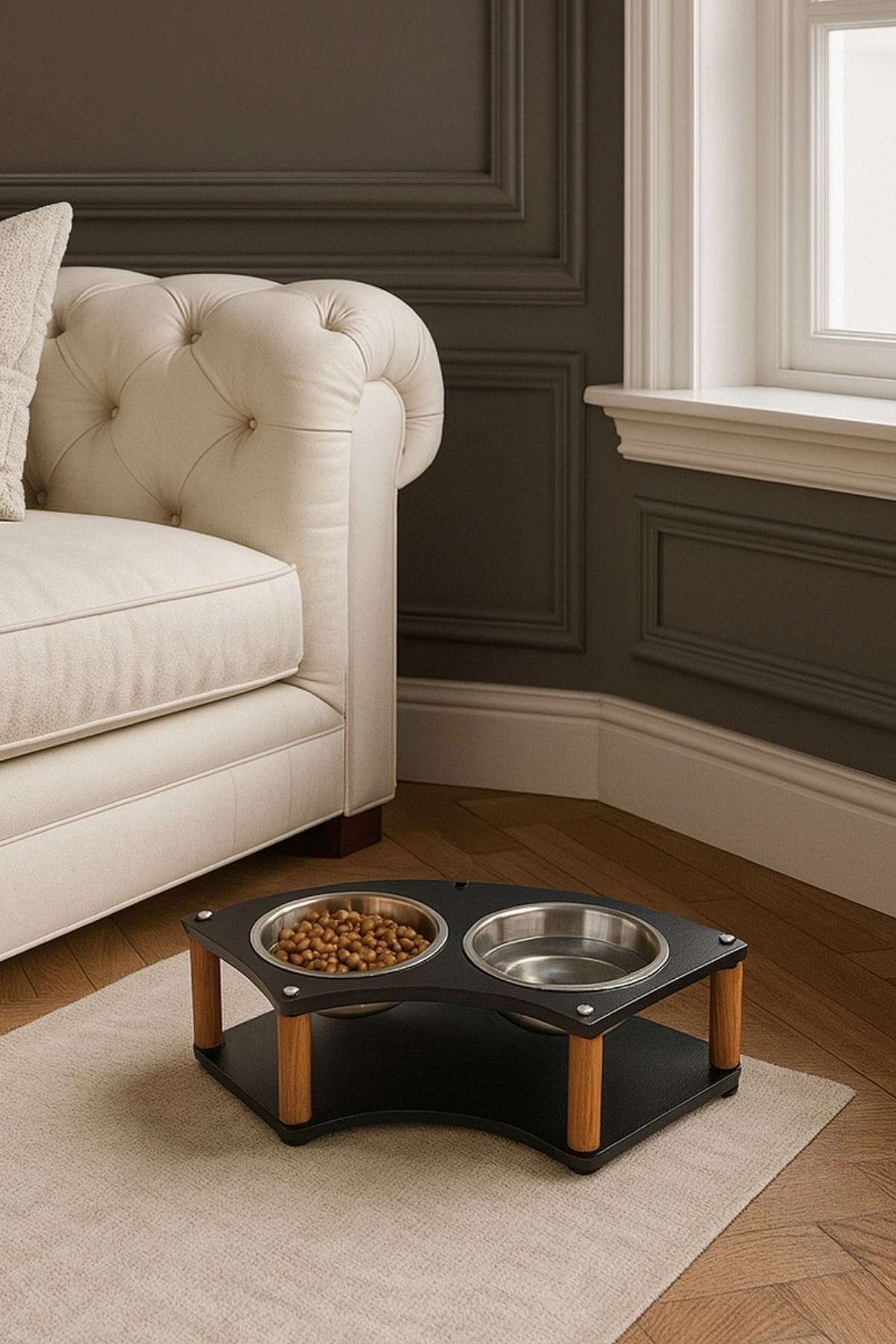 Reyo OK-AY Store Lunara Modern Ahşap Demonte Kedi ve Köpek Mama Standı 2'li Paslanmaz Çelik Kaseli Siyah