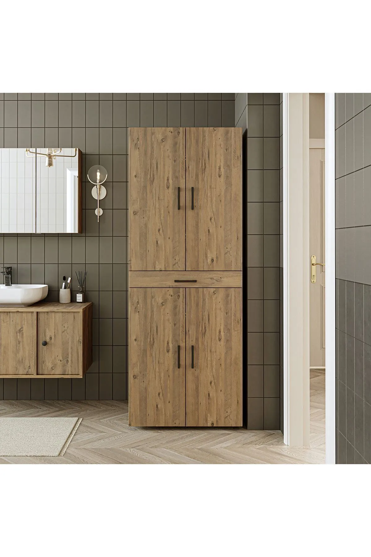RoomArt Banyo Dolabı Kapaklı Çamaşır Ve Kurutma Makinesi Dolabı 70x185 cm Atlantik Çam