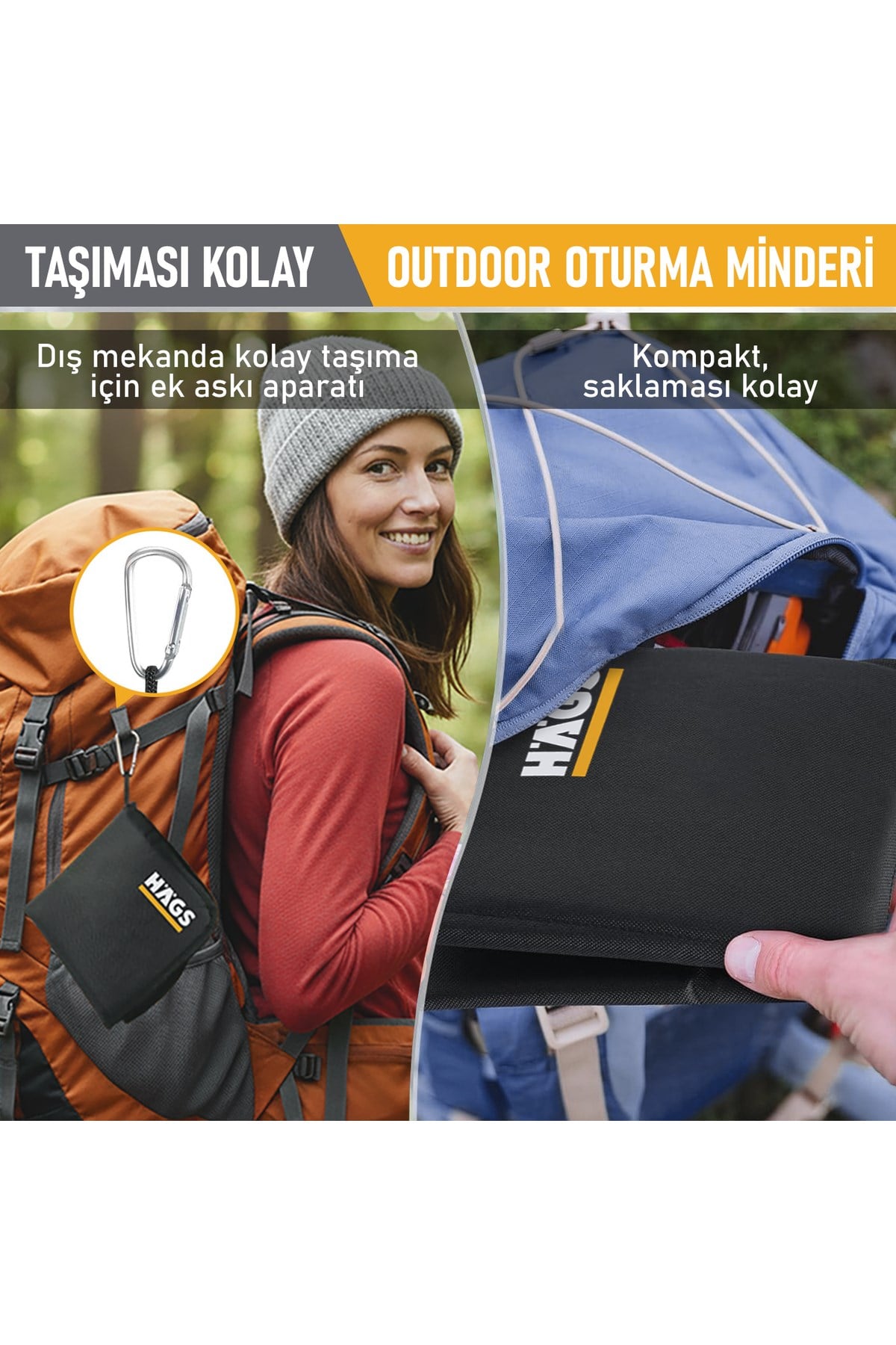 Haegs Outdoor Oturma Minderi, Kamp Matı, Yürüyüş, Stadyum ve Seyahat İçin Katlanabilir Su Geçirmez Oxford Kumaş Termal Oturma Minderi - Gri