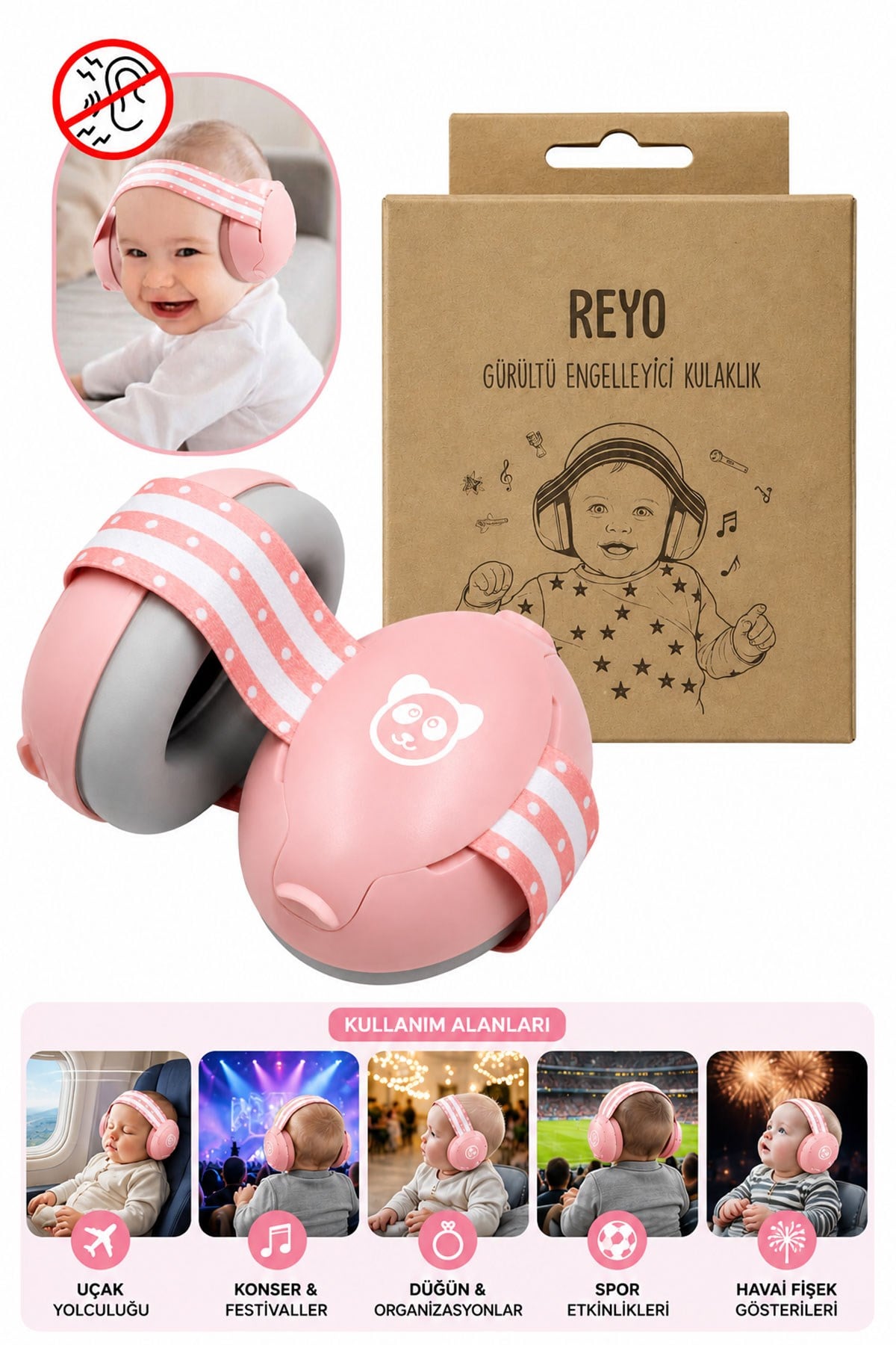 Reyo Bebek Gürültü Önleyici Kulaklık, İşitme Koruyucu Bebek Kulaklığı, Konser, Uçak, Seyahat, Düğün ve Maç İçin Gürültü Azaltıcı Bebek Kulaklığı 0-4 Yaş Pembe