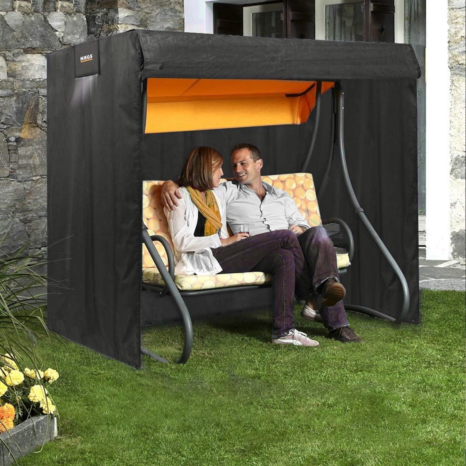 HAEGS Bahçe Salıncak Koruma Örtüsü Üç Kişilik Tenteli Hamak Bahçe Salıncağı Koruma Kılıfı Su Geçirmez Branda Dayanıklı 210x125x170cm Siyah