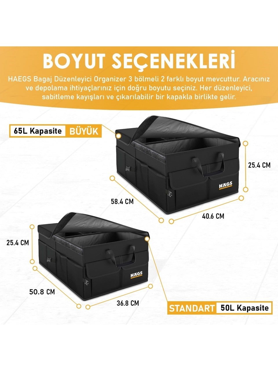 Haegs Araba Bagaj Çantası, Araç içi Düzenleyici Organizer, Katlanabilir Oto Bagaj Düzenleyici, Oto Aksesuarları, Araba Alet Eşya Düzenleyici - 50 Lt- Gri