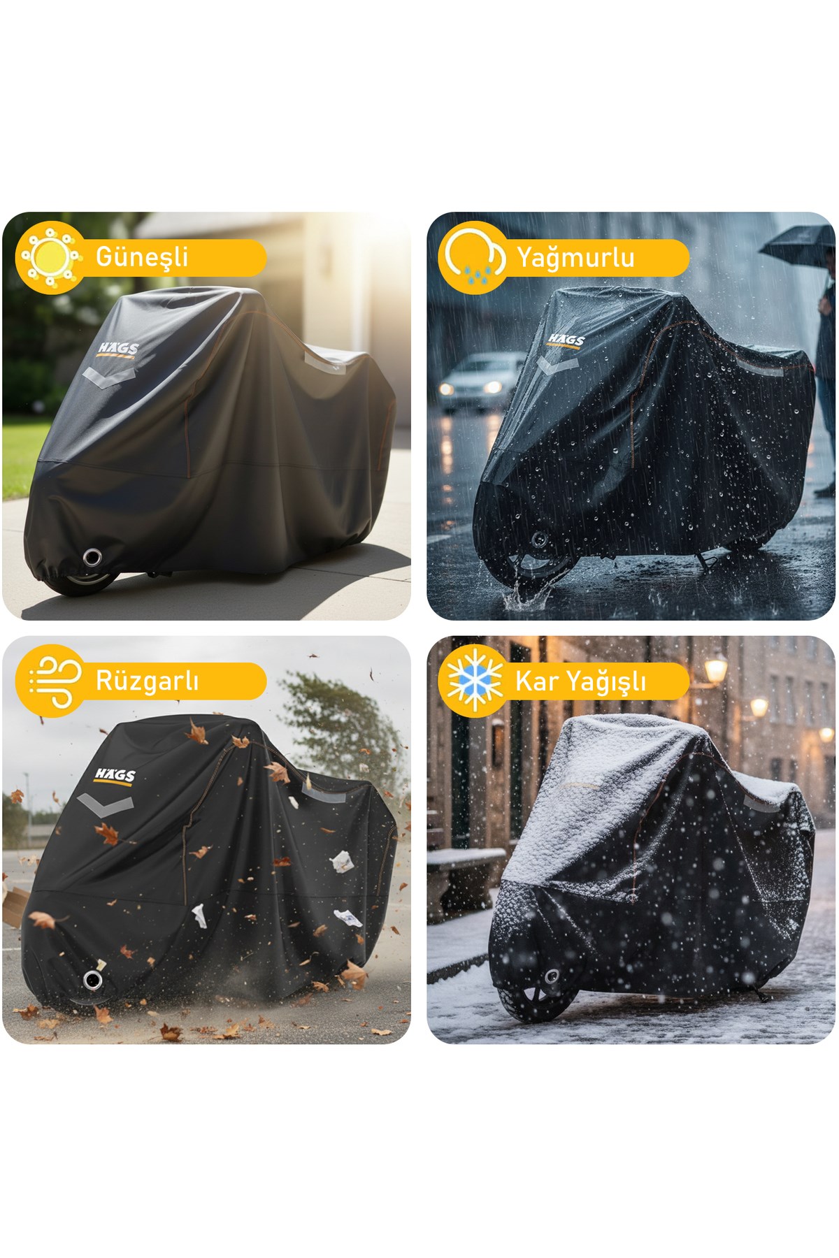 Haegs Motosiklet Brandası, Motor Kılıfı, Örtüsü Dış Mekan Motosiklet Örtüsü Su Geçirmez, Rüzgar, Toz Geçirmez, Motor Garaj Brandası, Kışa Dayanıklı XXL 265x105x125 cm - Siyah