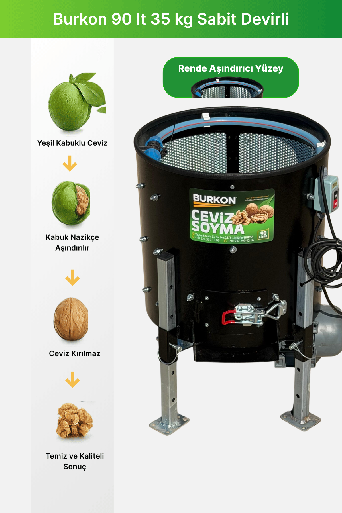 Burkon 90 lt 35 kg Sabit Devirli Ceviz Soyma Makinesi