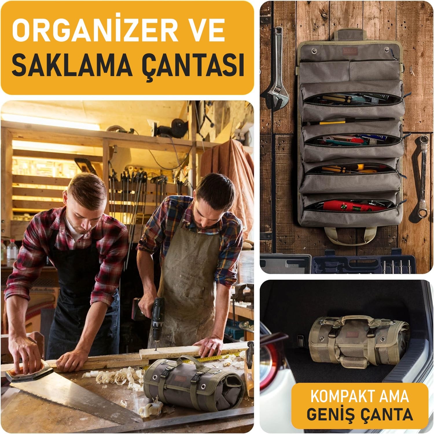 HAEGS Alet Çantası, Ağır Hizmet Tipi Kanvas Rulo Takım Çantası, Katlanabilir Alet Organizer El Çantası, Tamirci Usta Marangoz Elektrikçi Teknisyen Hobici Takım Çantası, Alet Takım Anahtar Düzenleyici Çanta Kahverengi