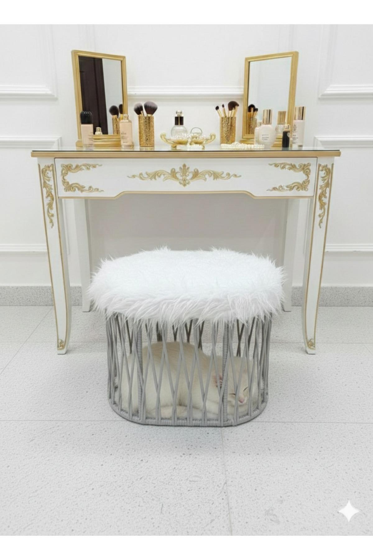 Tasaryum Peluş Oval Puf - 2'si 1 Arada Makyaj Taburesi ve Konforlu Kedi Yatağı, Kedi Ranzası - Açık Gri