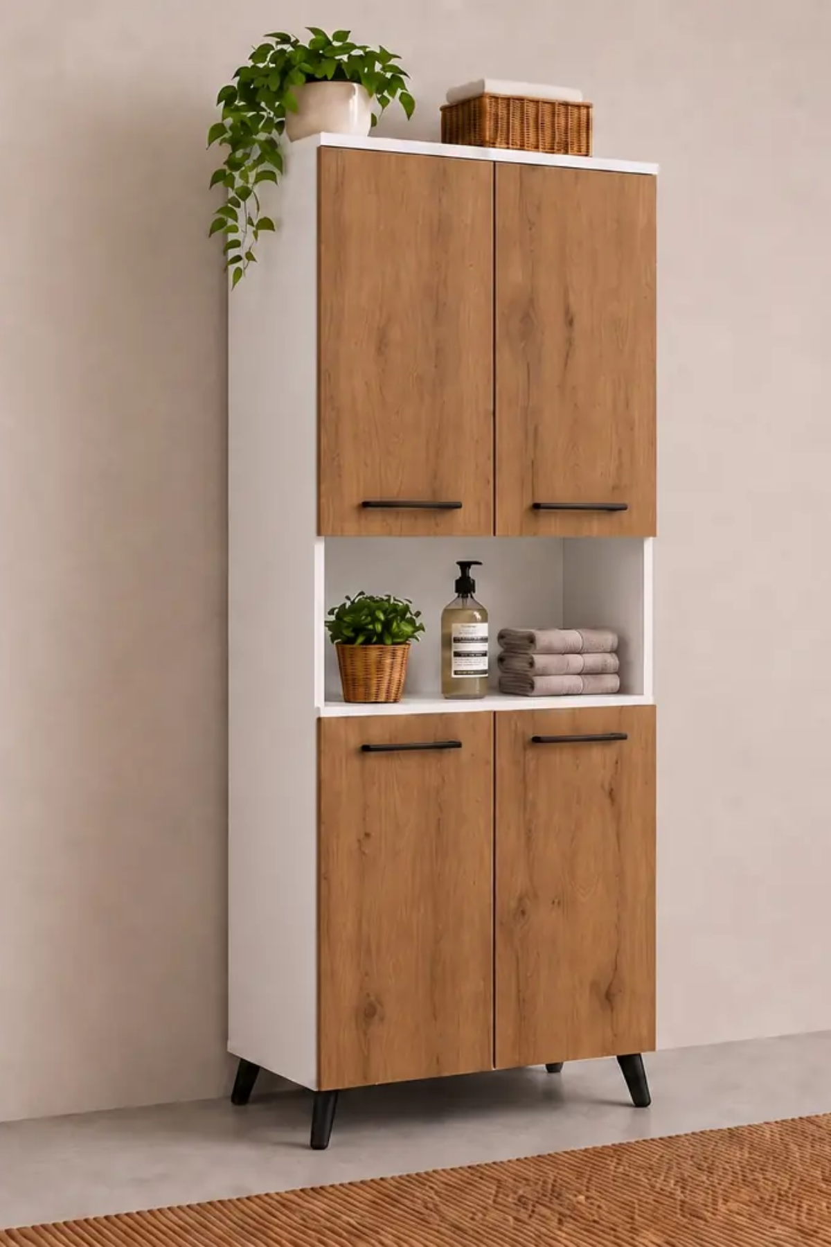Enda Home Listra 4 Kapaklı Çok Amaçlı Dolap 170,8 cm,  Raflı, Ayaklı Depolama Dolabı Atlantik Çam - Beyaz