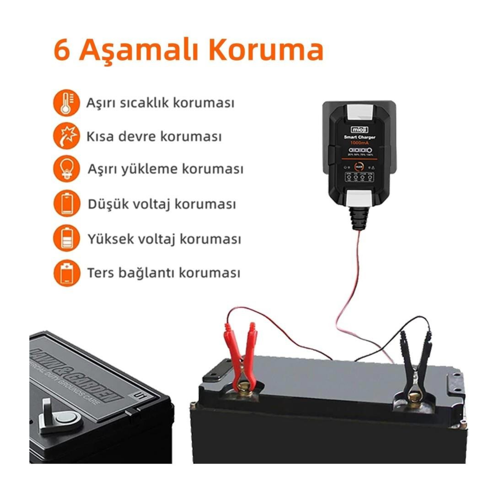 Mioji Mio 1000 1A 6V ve 12V Araba Şarj, Akü Bakım, Damlama Şarj Cihazı ve Motosiklet, ATV, Lityum ve Derin Döngülü Aküler için Kükürt Giderici Akıllı Akü Şarj Cihazı