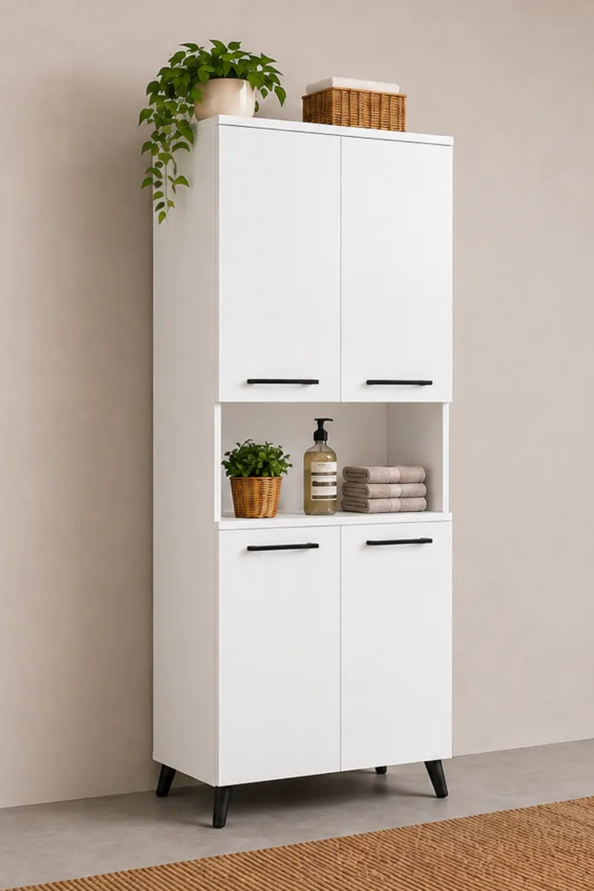 Enda Home Listra 4 Kapaklı Çok Amaçlı Dolap 170,8 cm,  Raflı, Ayaklı Depolama Dolabı - Beyaz