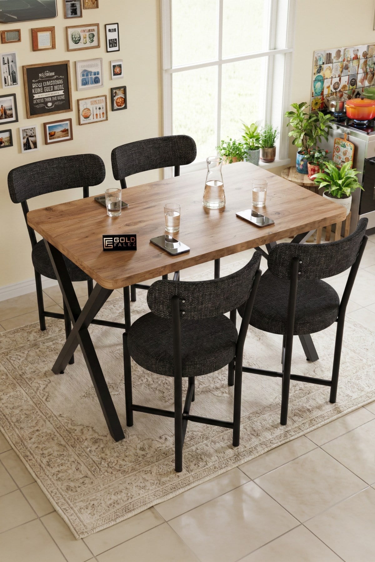 Reyo Falez Elma 110x70 cm Masa Takımı 4 Sandalyeli Modern Mutfak Balkon Kafe Yemek Masası Seti Atlantik Çam - Antrasit 9881