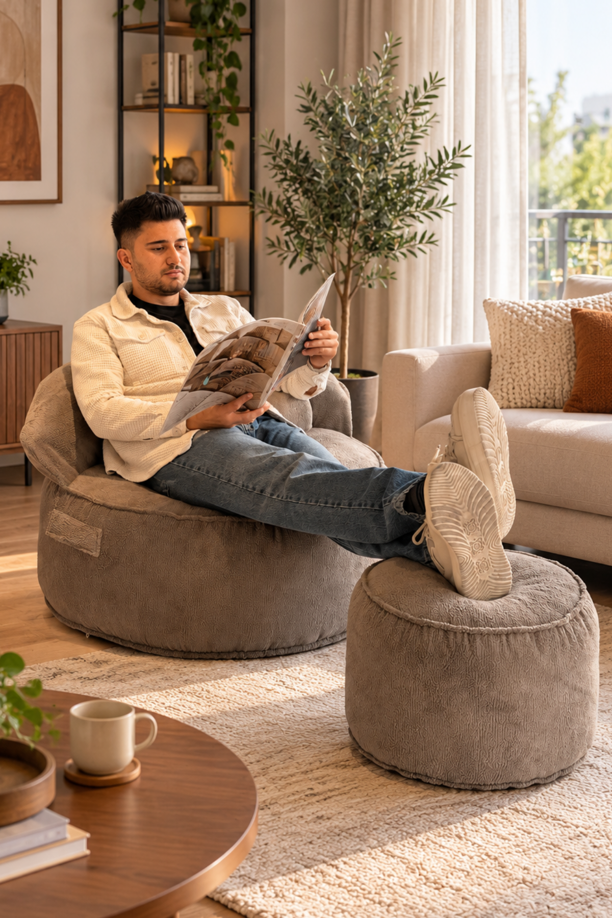Pufymax Cozy Legom Çok Amaçlı Yuvarlak Puf Koltuk, Rahat Berjer ve Uzanma Koltuğu Gri