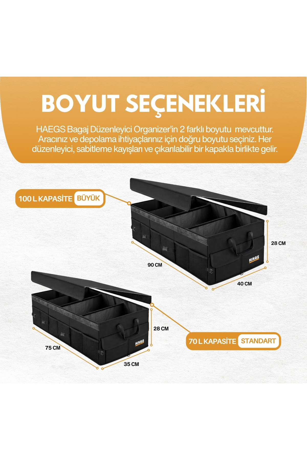 HAEGS Araç Bagaj Düzenleyici, Soğutucu Çantalı Bagaj Organizer Sağlam Katlanabilir, Otomobil ve SUV`lar için, Cepli, 3 Ana Bölmeli, 100L: 90x40x28 cm - Bej