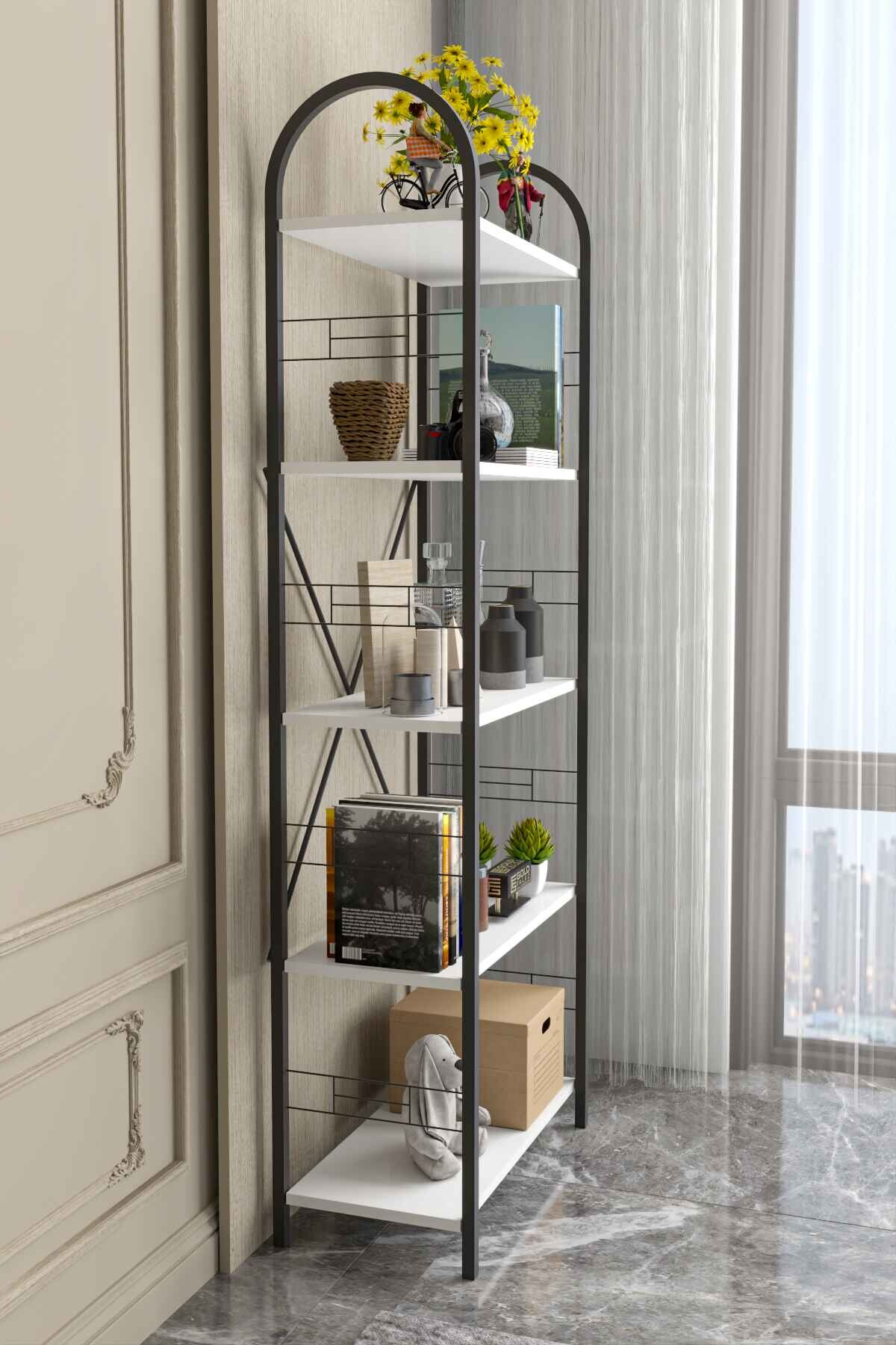 Reyo Falez 5 Geniş Raflı Kitaplık Metal Çerçeveli Modern Raf Çalışma Odası Ofis Salon Kitaplığı Evrak Rafı 180 cm Beyaz