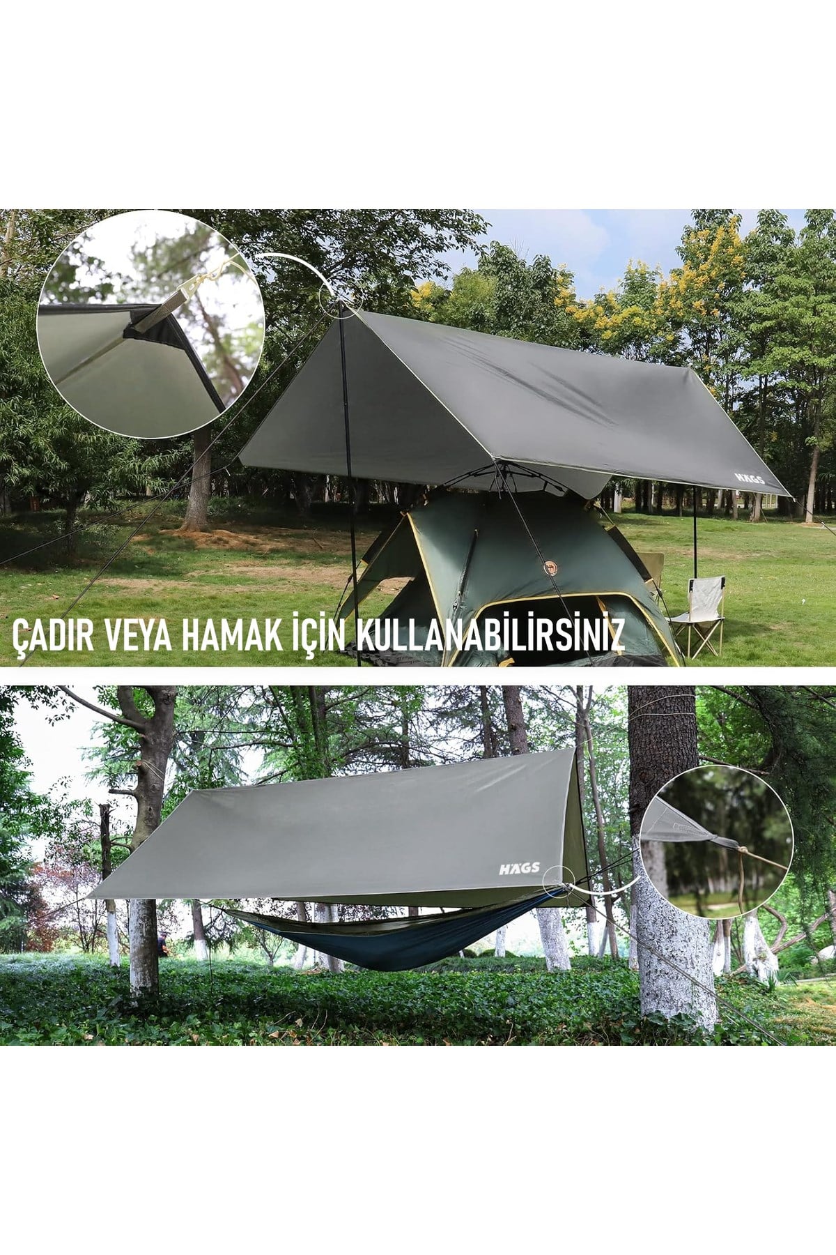 Haegs Tarp Gölgelik Tente, Taşınabilir Örtü Branda Çok İşlevli Outdoor Açık Hava Kamp Seyahat Tente Branda Güneşlik Karavan Tente Yan Çadır Gölgelik - 300x300 cm - Yeşil