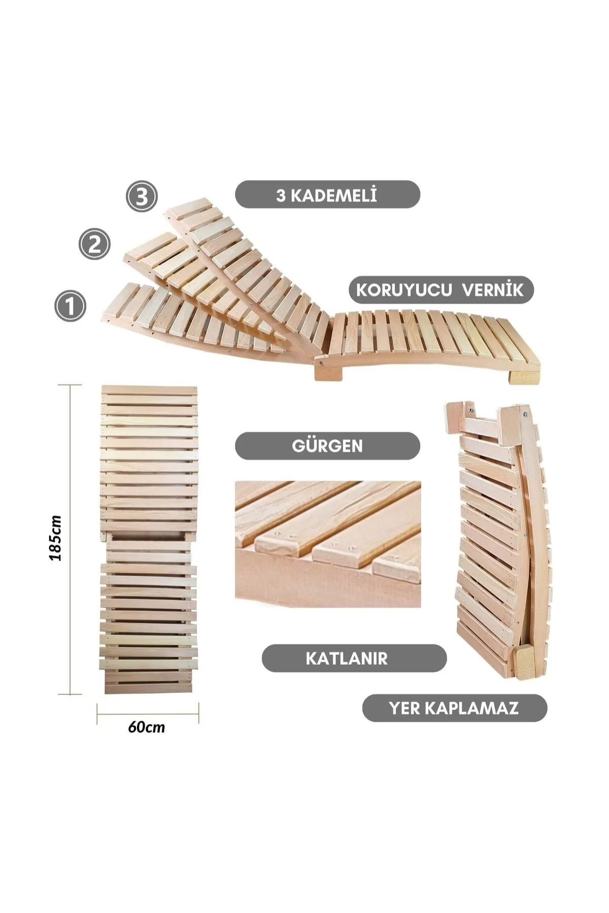 Bysay Ahşap Katlanabilir Yatar Şezlong 3 Kademe Plaj Yatağı Naturel