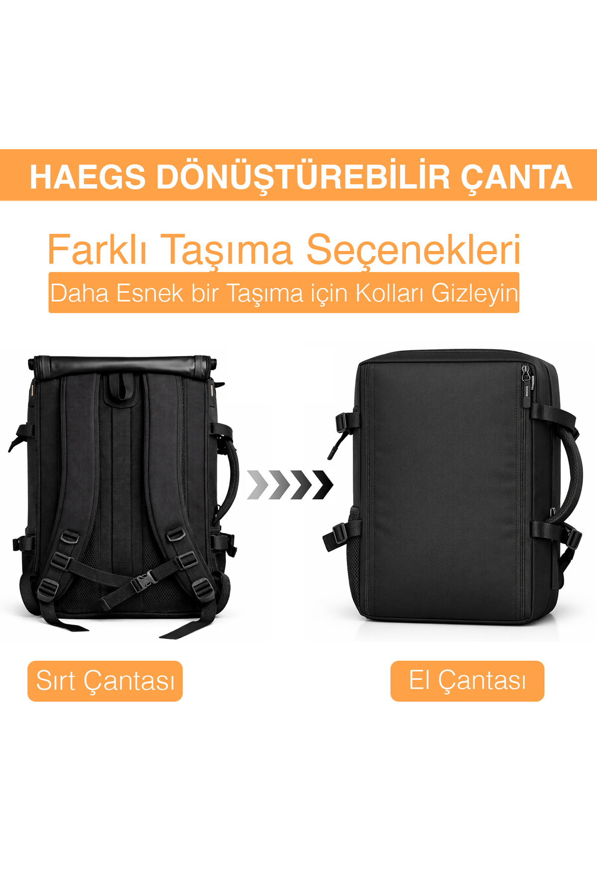 Haegs Seyahat Sırt Çantası, 3in1 Dönüştürülebilir, El Bavulu, Kadınlar ve Erkekler için Uçak Onaylı Ayakkabı Bölmeli, Multi Cepli Organizer Sırt ve El Çantası, Gri