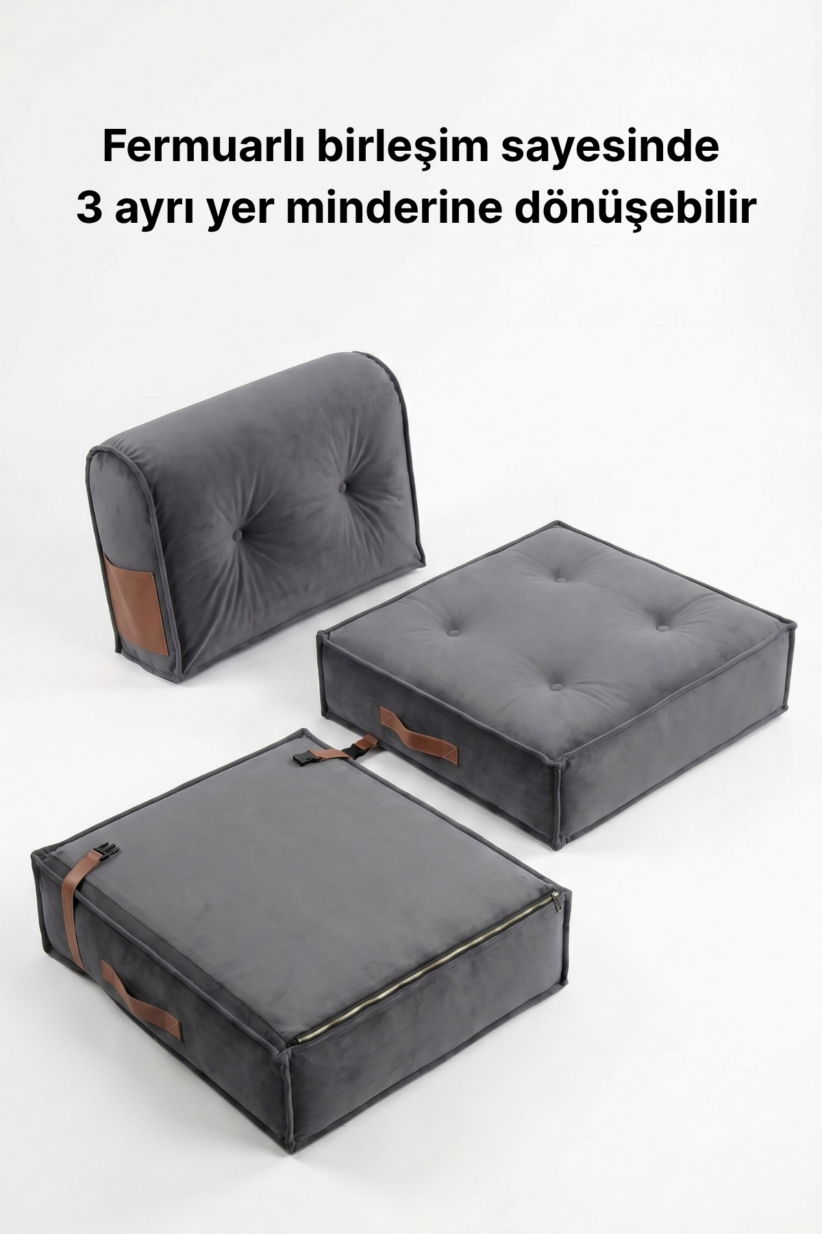 Pufymax Comfort Minder Koltuk Modüler Yer Koltuğu Sırt Destekli Oturma Minderi 75x75x85cm Yıkanabilir Fermuarlı Gri 