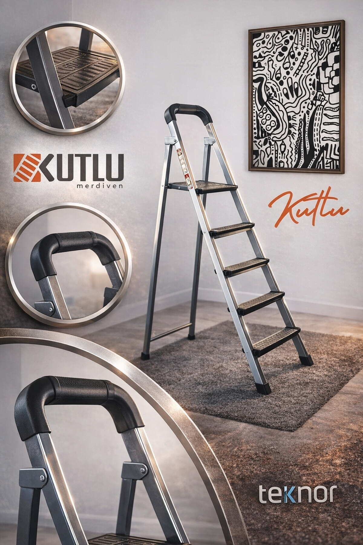 Reyo Kutlu Dayanıklı 4+1 Metal Basamaklı Katlanır Merdiven – Kaymaz Basamaklı Ev Tipi Portatif Merdiven