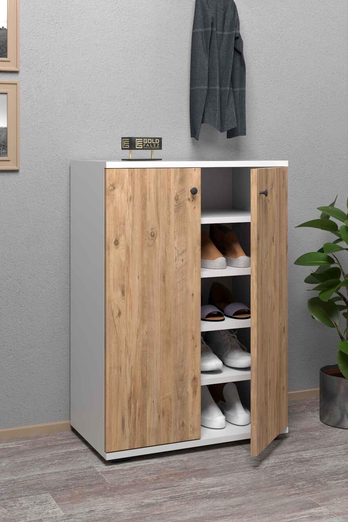 Reyo Falez Ayakkabılık Çok Amaçlı Dolap 5 Raflı 2 Kapaklı Çam-Beyaz