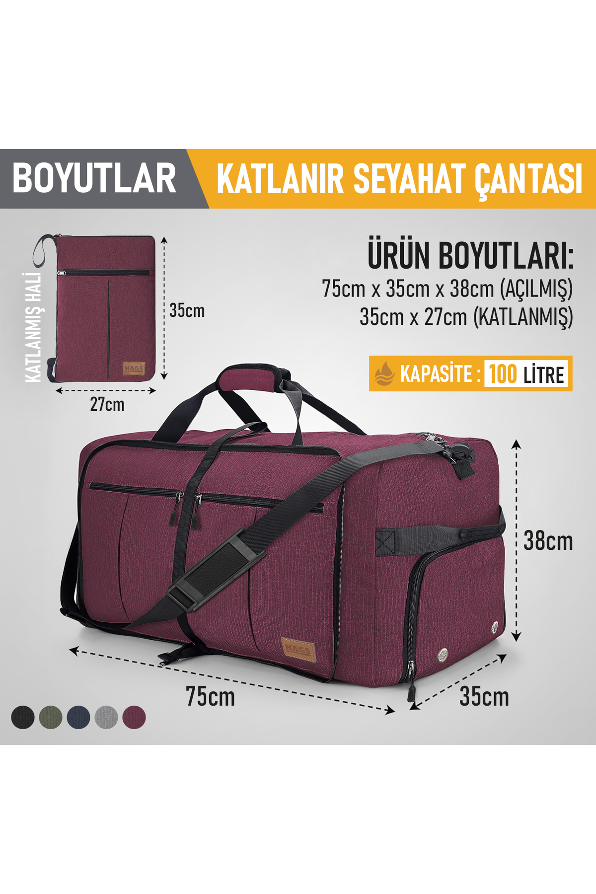 Haegs Katlanabilir Seyahat Çantası, Bavul Valiz Büyük Boy El Bagajı Çantası Erkekler ve Kadınlar için, Ayakkabı Bölmeli Hafta Sonu Geceleme, Katlanır Hurç Çanta 100L - Bordo