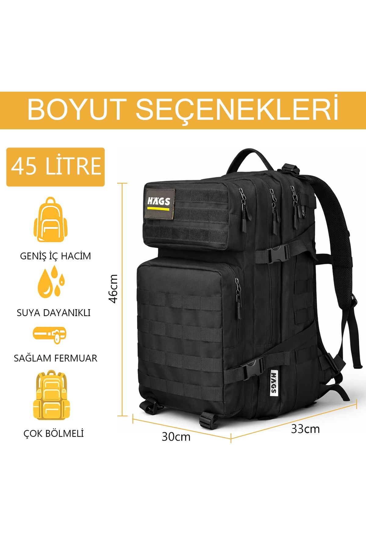 HAEGS Askeri Taktik Sırt Çantası, Ordu Derecesinde Sağlam, Ağır Hizmet Taktik Çanta, 3 Günlük Acil Durum Hücum Çantası, Kampçılık, Dağcılık, Trekking Seyahat Sırt Çantası- 45L - Sarı