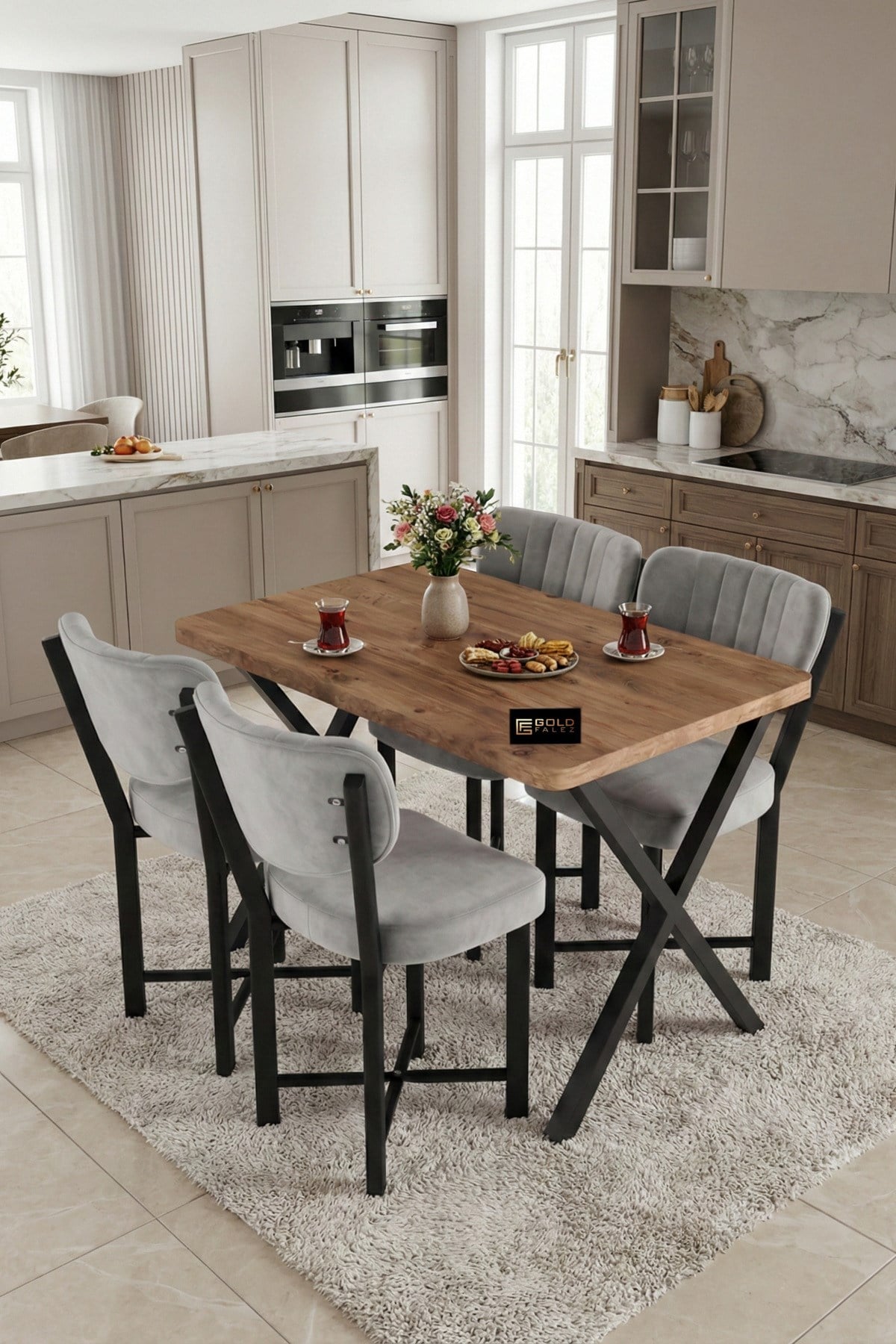Reyo Falez Elma 110x70 cm Masa Takımı 4 Sandalyeli Modern Mutfak Balkon Kafe Yemek Masası Seti Atlantik Çam - Gri 9884