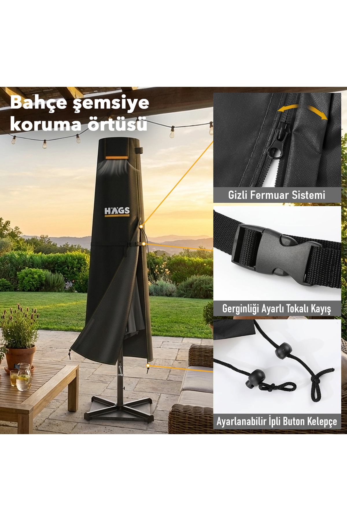 Haegs Bahçe Şemsiye Kılıfı, Veranda Parasol Konsol Şemsiyesi Brandası, Koruma Örtüsü, Su Geçirmez, Hava Koşullarına Dayanıklı Bahçe Gölgelik Güneşlik Örtüsü (280-30/81/46 cm) Siyah