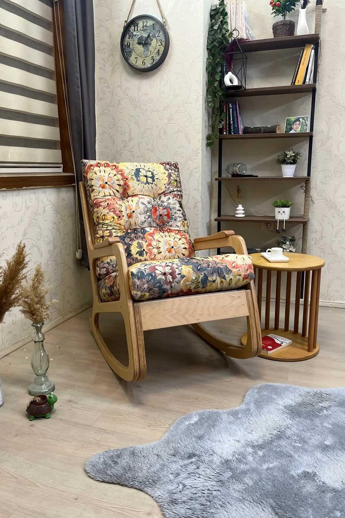 Asedia Kontes Naturel Çiçek Desenli Dolgu Minderli Sallanan Sandalye Dinlenme Koltuğu Baba Koltuğu