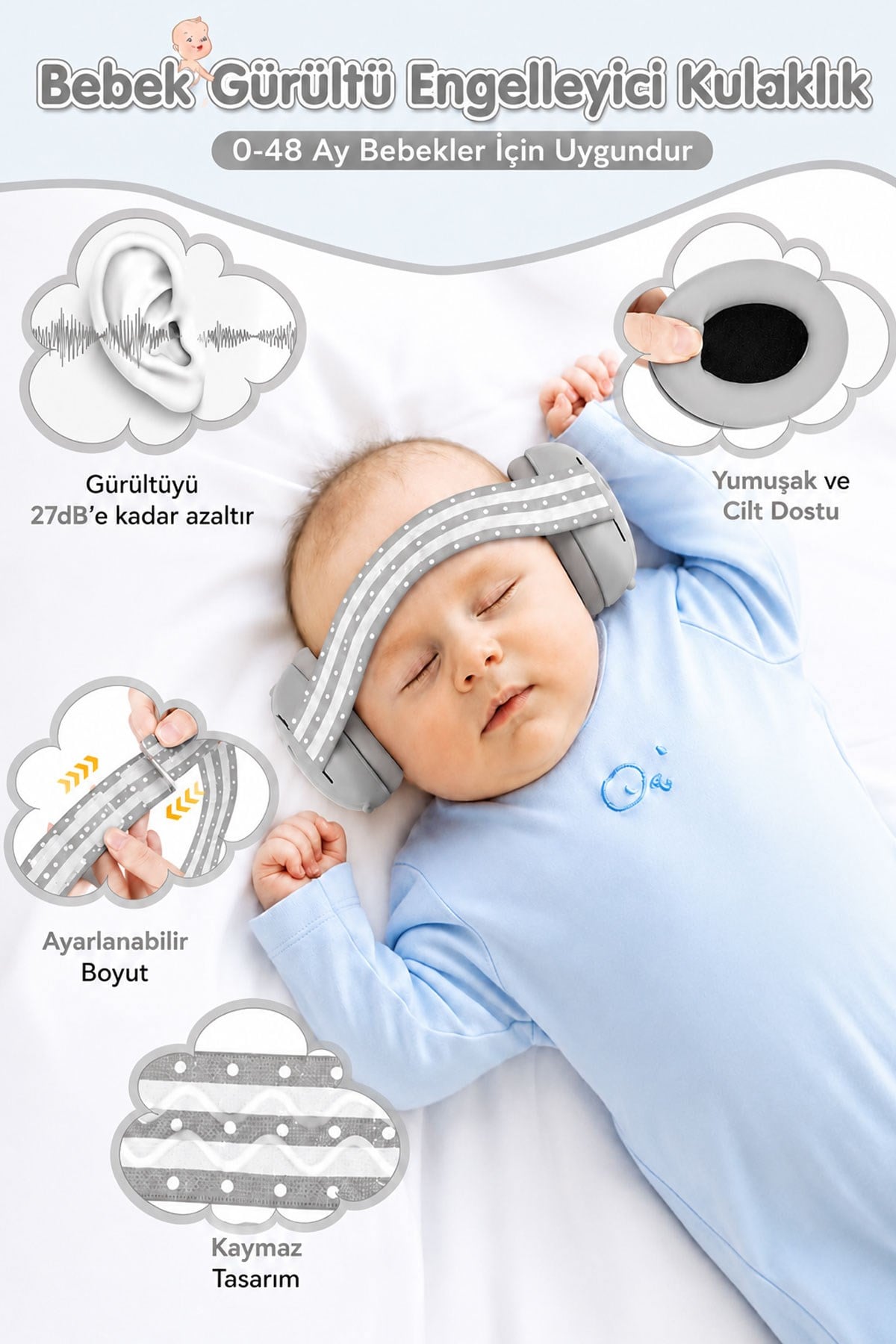 Reyo Bebek Gürültü Önleyici Kulaklık, İşitme Koruyucu Bebek Kulaklığı, Konser, Uçak, Seyahat, Düğün ve Maç İçin Gürültü Azaltıcı Bebek Kulaklığı 0-4 Yaş Gri