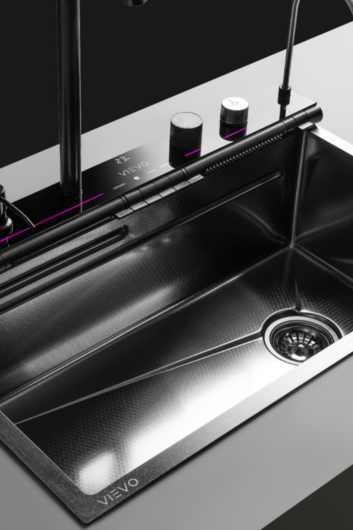 Vievo Premium Akıllı Çelik Eviye Seti, LED Dijital Sıcaklık Göstergeli, Bal Peteği Kaplamalı, Çift Küvetli – Gümüş