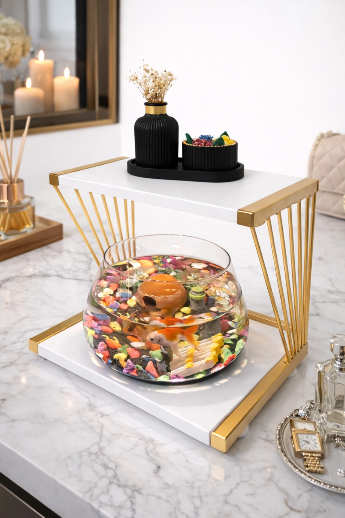 Reyo OK-AY Store Exclusive Işıklı Beta Akvaryum ve Fanus Modern Tasarım LED Aydınlatmalı Modern Temalı Fanus Gold-Beyaz