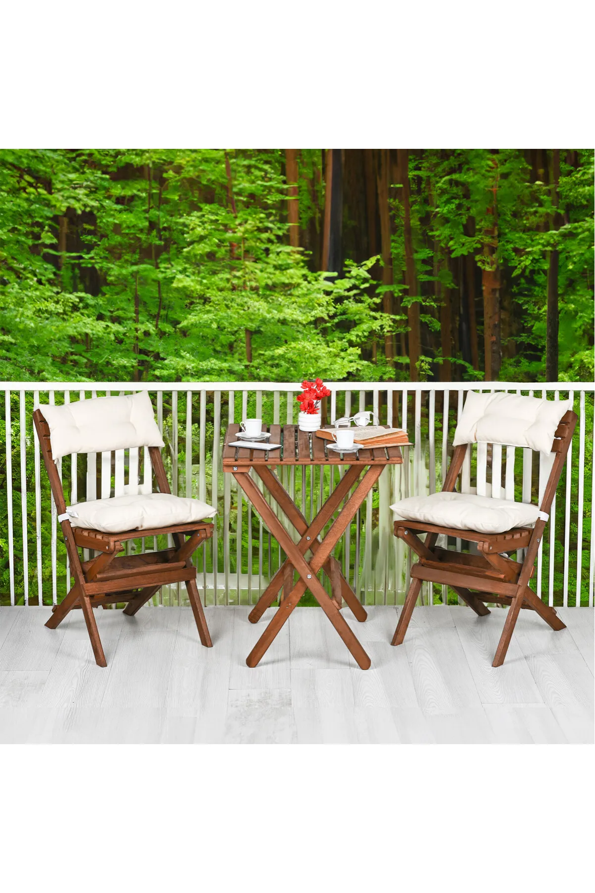 BySay Ahşap Katlanır Minderli 3'lü Bistro Set Mutfak Balkon Bahçe Masa Sandalye Seti Ceviz Krem