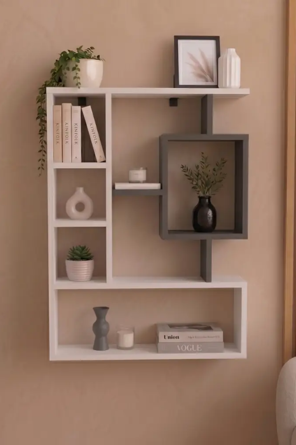 Enda Home Bigane Büyük Dekoratif Duvar Rafı 70,9 × 93,6 cm, Asimetrik Çok Bölmeli Duvara Monte Raf - Beyaz Antrasit