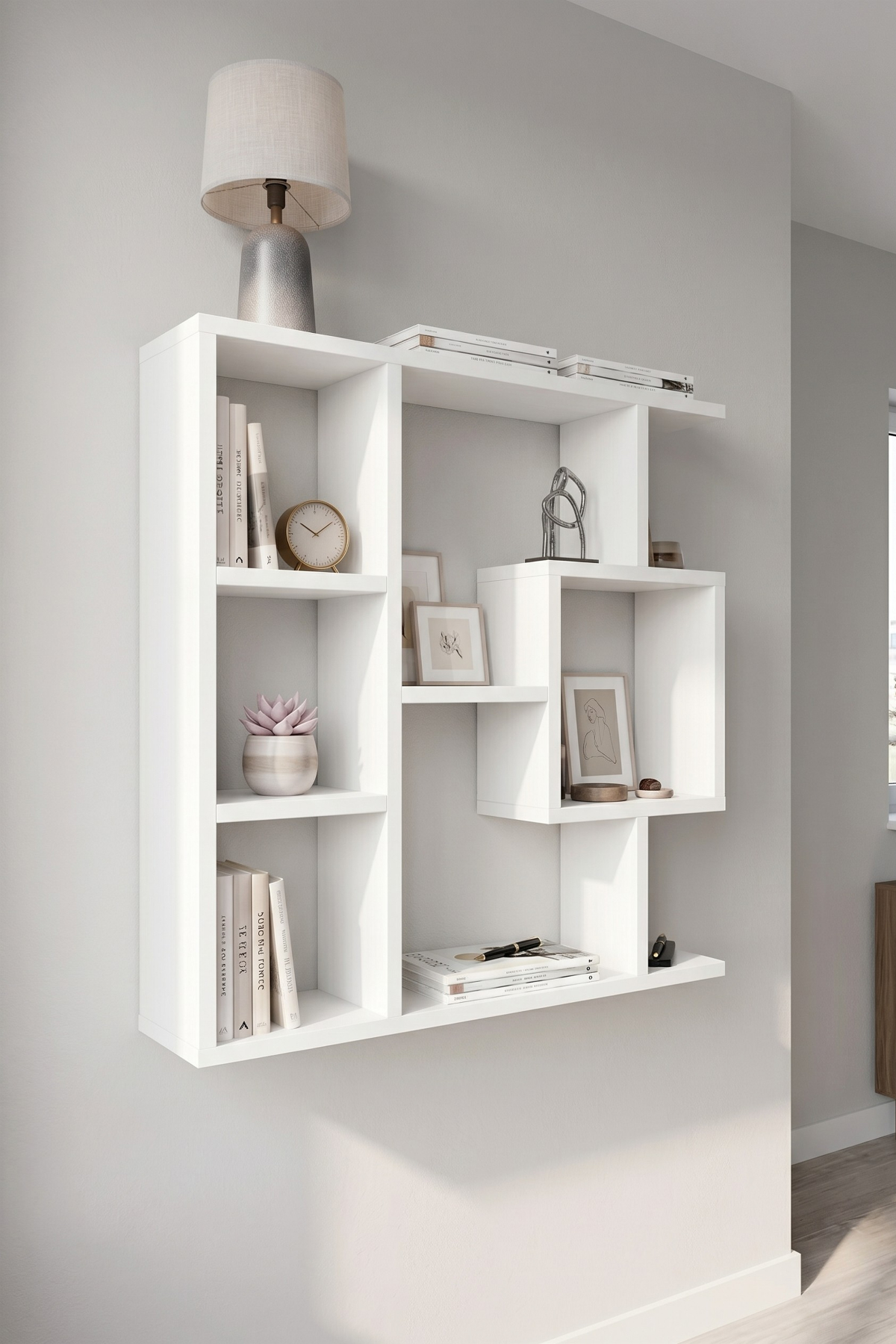 Enda Home Yegane Duvar Rafı, Duvar Kitaplığı, Dekoratif Kitaplık, Modern Kitaplık, Zeminde veya Duvarda Kullanıma Uygun Beyaz