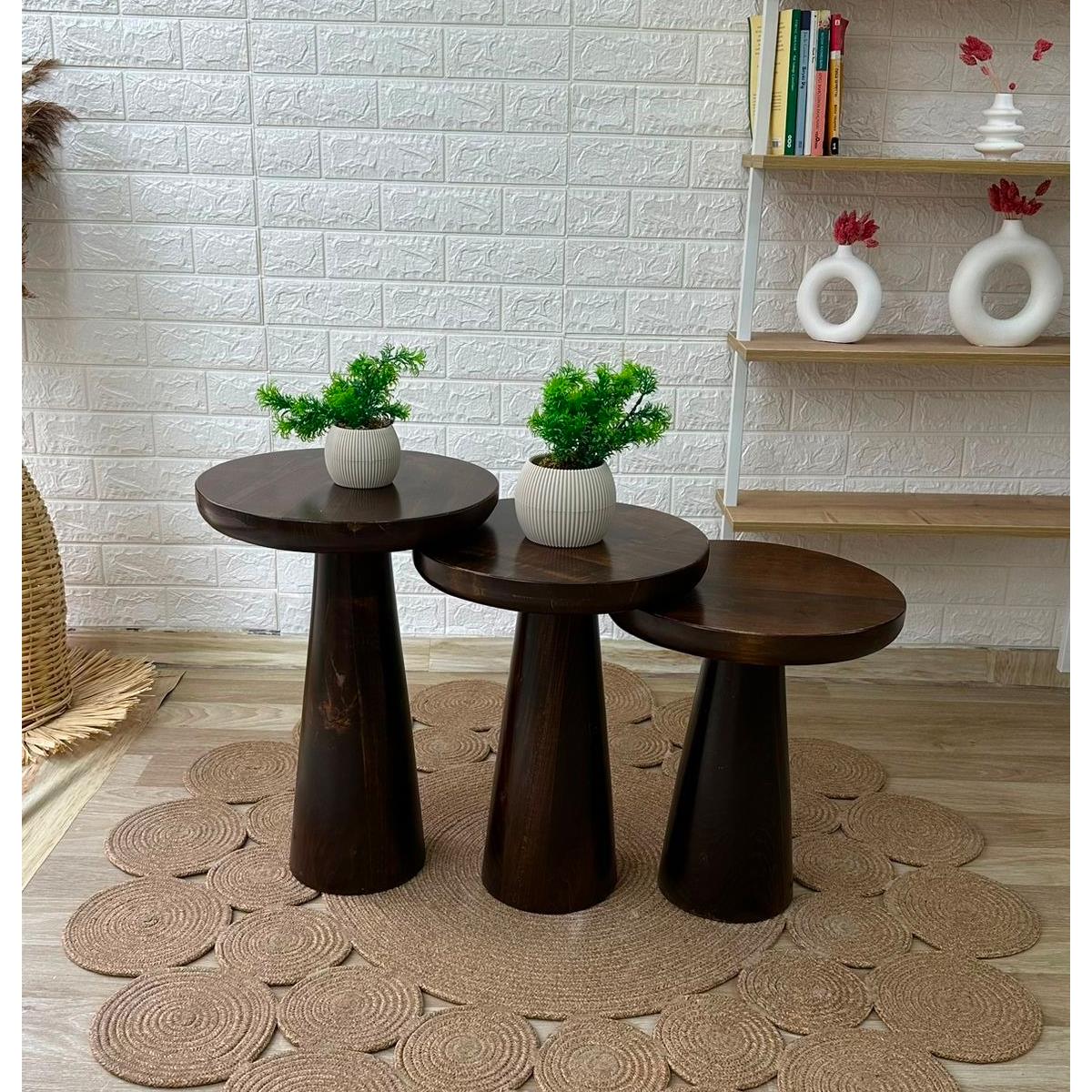 Asedia 3'lü Mushroom Zigon Sehpa Koyu Ceviz Ahşap Mantar Sehpa