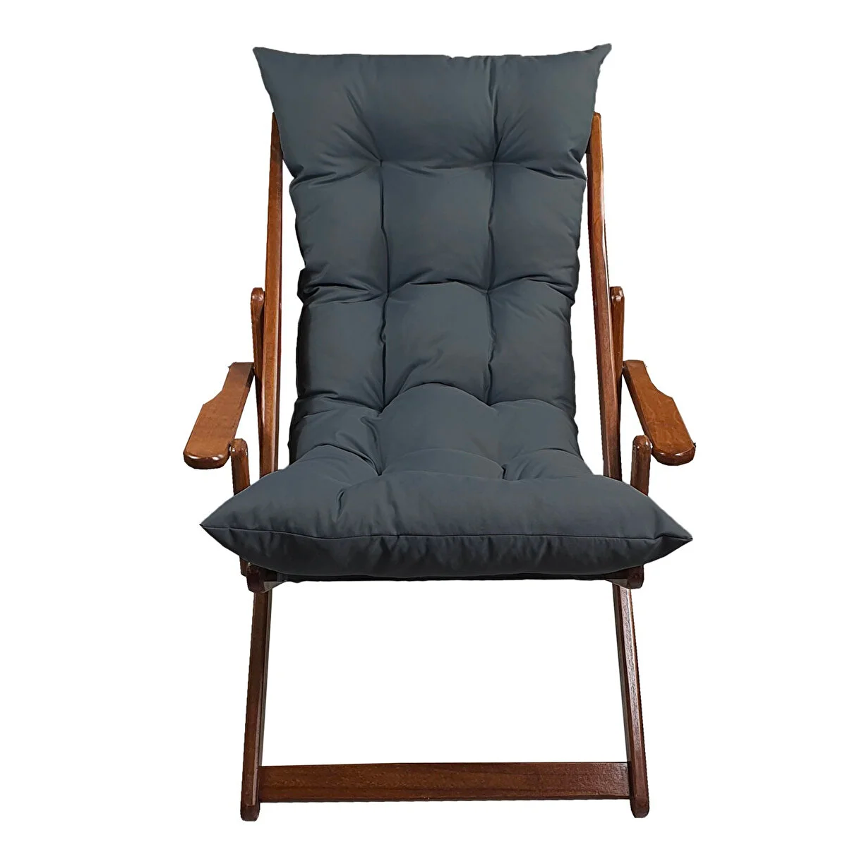 Bysay Ahşap Katlanabilir Taşınır Puf Minderli Kollu Şezlong. Plaj, Bahçe, Balkon Için (Ceviz-Antrasit)